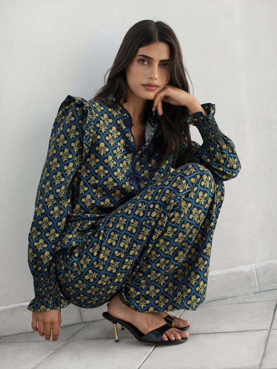 Nöista New Chinese Retro Print Ruffle Two Pieces Set - Blue - View 1
