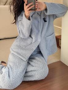 DAZY Women's Long Sleeve Top And Pants Casual Daily Home Sleepwear Set - Blue - View 8