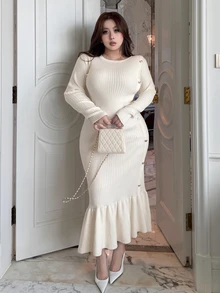 Dazy Plus Solid Color Fitted Elegant Bodycon Maxi Dress, Autumn/Winter New Apricot Knit Dress - White - View 6