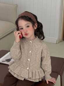 DAZY 嬰兒/幼兒（女童）荷葉邊飾休閒韓風純色秋冬長袖開襟衫 - 卡其色 - 查看 1