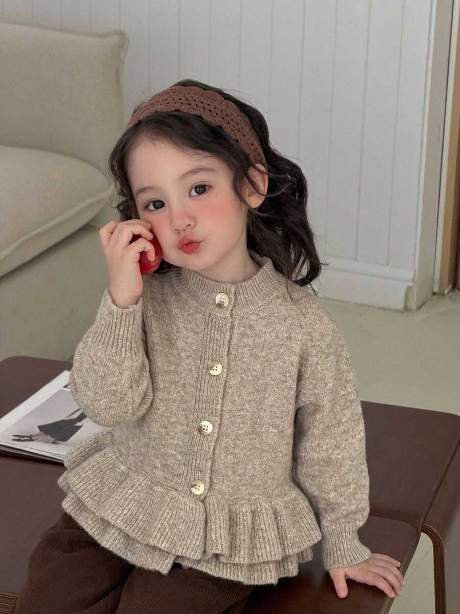 DAZY 嬰兒/幼兒(女童)荷葉邊飾休閒韓風純色秋冬長袖開襟衫 - 卡其色 - 查看 1