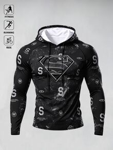 SUPERMAN X SHEIN Gym Rark Men's All-Over Print Casual Versatile Daily Wear Hooded Sweatshirt - Multicolor - View 3