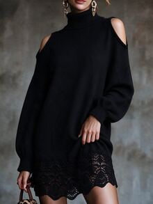Omancia Elegant High Neck Cold Shoulder Lantern Sleeve Design Women's Knit Top - Black - View 3