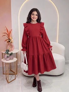 SHEIN Tween Girl Spring Autumn Tween Girl Winter Casual Vacation Elegant Fashion Woven Solid Color Round Neck Ruffle Hem Fitted Dress Tween Girl - Red - View 5