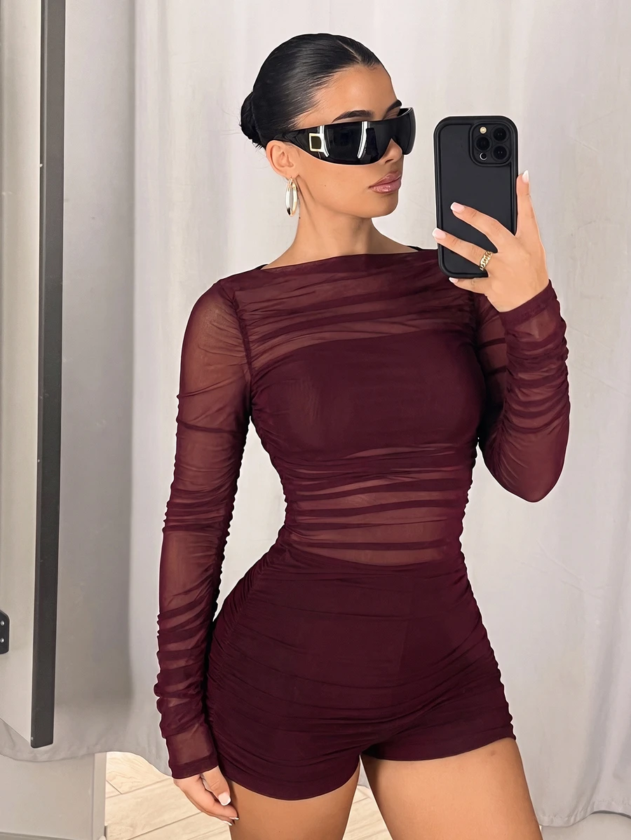 SHEIN ICON 網紗抓褶拼接長袖連身褲 - 酒紅色 - 查看 1