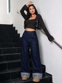 SHEIN Tall 冬季女款休閒水洗復古時髦翻邊設計寬腿牛仔褲，適合高個女性 - 深色水洗藍 - 查看 6