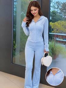 SHEIN 青少年女孩秋冬天鵝絨拉鍊連帽長袖外套配寬腰帶長褲套裝，適合日常優雅穿搭 - 藍色 - 查看 3
