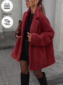 Aveloria Modichic 女款寬鬆休閒優雅泰迪羊羔絨翻領單排扣側口袋深紅色素色冬季新年外出外套 - 紅色 - 查看 1