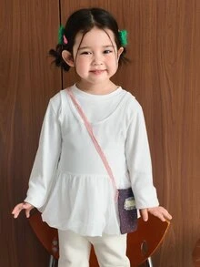 Dazy Kids Infant/Toddler (Girl) Round Neck Long Sleeve Korean Style Solid Color Spring/Autumn Top - Apricot - View 3