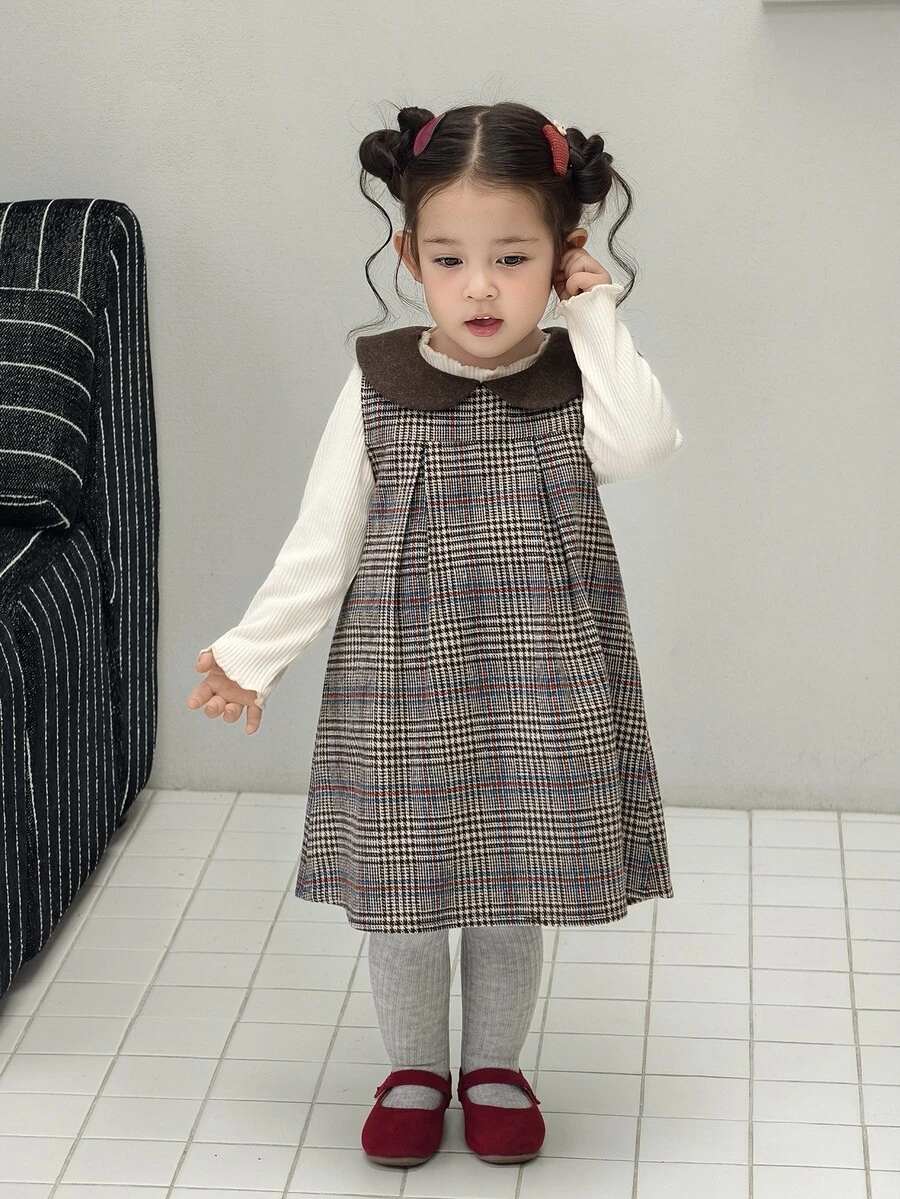 Dazy Kids Infant/Toddler (Girl) Korean Style Plaid Peter Pan Collar Dress - Khaki - View 1