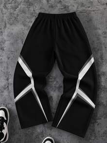 Boys' Street Style Sweatpants, Black & White Geometric Colorblock Print, Minimalist Pattern, Elastic Waist, Wide Leg Long Pants, Casual Daily Wear, Autumn/Winter - White - View 2