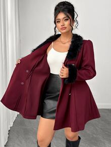 Elenzga Plus Size Women's Fuzzy Patchwork Casual Versatile Overcoat - Burgundy - View 6