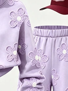 女童 2 件套運動衫套裝，柔軟芋紫色，花卉滿版印花，半拉鍊立領短版運動衫，寬鬆休閒運動風，甜美花卉圖案，學生日常穿著，百搭休閒直筒運動長褲，秋冬款 - 彩色 - 查看 3
