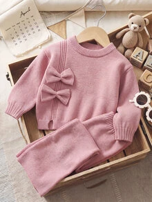SHEIN Baby Girl Knit Solid Color Round Neck 3D Bow Casual Sweater & Long Pants 2 Pieces Set - Pink - View 4