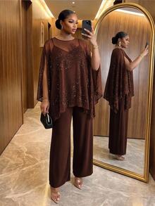 SHEIN Lady CURVE Plus Size Sexy Sheer Sequin Top And Pants 2 Pieces Set - Rust Brown - View 5