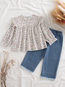 SHEIN Vintaside Kids 2件組幼兒女嬰上衣牛仔褲套裝，可愛白色藍色花卉丹寧長袖圓領寬鬆版型蝴蝶結荷葉邊刺繡公主風套裝 - 卡其色 - 查看 2