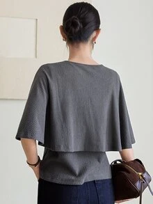 Dazy-Less Autumn Dark Gray Round Neck Long Sleeve Solid Color Loose Casual Drop Shoulder All-Match Versatile Women's T-Shirt - Dark Grey - View 2