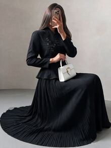 Modelyn Women's Elegant Black Exquisite Beaded Decor Fishtail Hem Jacket With Pleated Vertical Texture Long Skirt, Formal Evening Two Pieces Set - Black - View 5