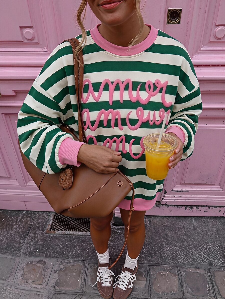 Tween Girls Casual Crew Neck Drop Shoulder Sweatshirt With Cartoon Pattern, Suitable For Autumn/Winter - Multicolor - View 1