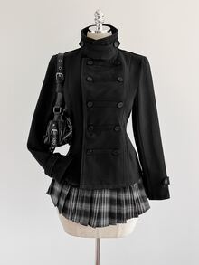 Elamini Women's Cinched Waist Long Sleeve Stand Collar Overcoat - Black - View 6
