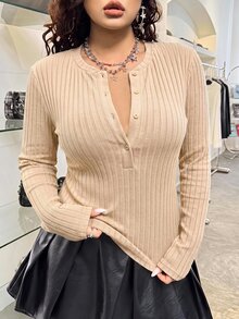 Muchica 大尺碼休閒半排扣長袖T恤，秋季款 - 杏色 - 查看 1