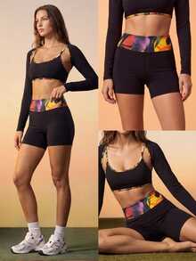 CAJUNI Women's High Waist Tropical Plant Print Fitted Athletic Shorts - Black - View 3