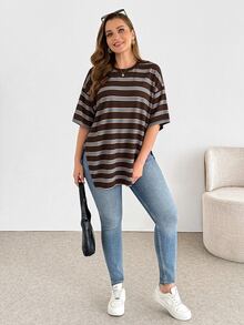 Shapeblank Plus-Size Women's Spring/Summer Fashionable Casual Loose Comfortable Everyday Basic Versatile Striped Short-Sleeved Super Loose T-Shirtsummer Outfits - Multicolor - View 3