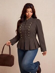 Elaquor Jaket Lengan Panjang Bergaris Kancing Ganda Gaya Vintage Ukuran Besar - MultiWarna - View 4