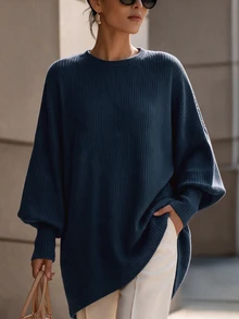 Velvienne Plus Size Ribbed Crew Neck Lantern Long Sleeve Loose Tunic Top, Curvy Casual Solid Color Plus Size Tee For Women Loose Fit, Long Sleeve Top Plus Size, - Blue - View 1