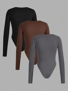 SHEIN EZwear 3件裝純色百搭對比色女款長袖修身連身衣，適合春秋穿著 - 彩色 - 查看 2