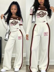 Tween Girls 2 Pcs New York 67 Star Color Block Ruched Waist Long Sleeve T-Shirt & Wide Leg Pants Set, White Top, Winter Outfits - Multicolor - View 1