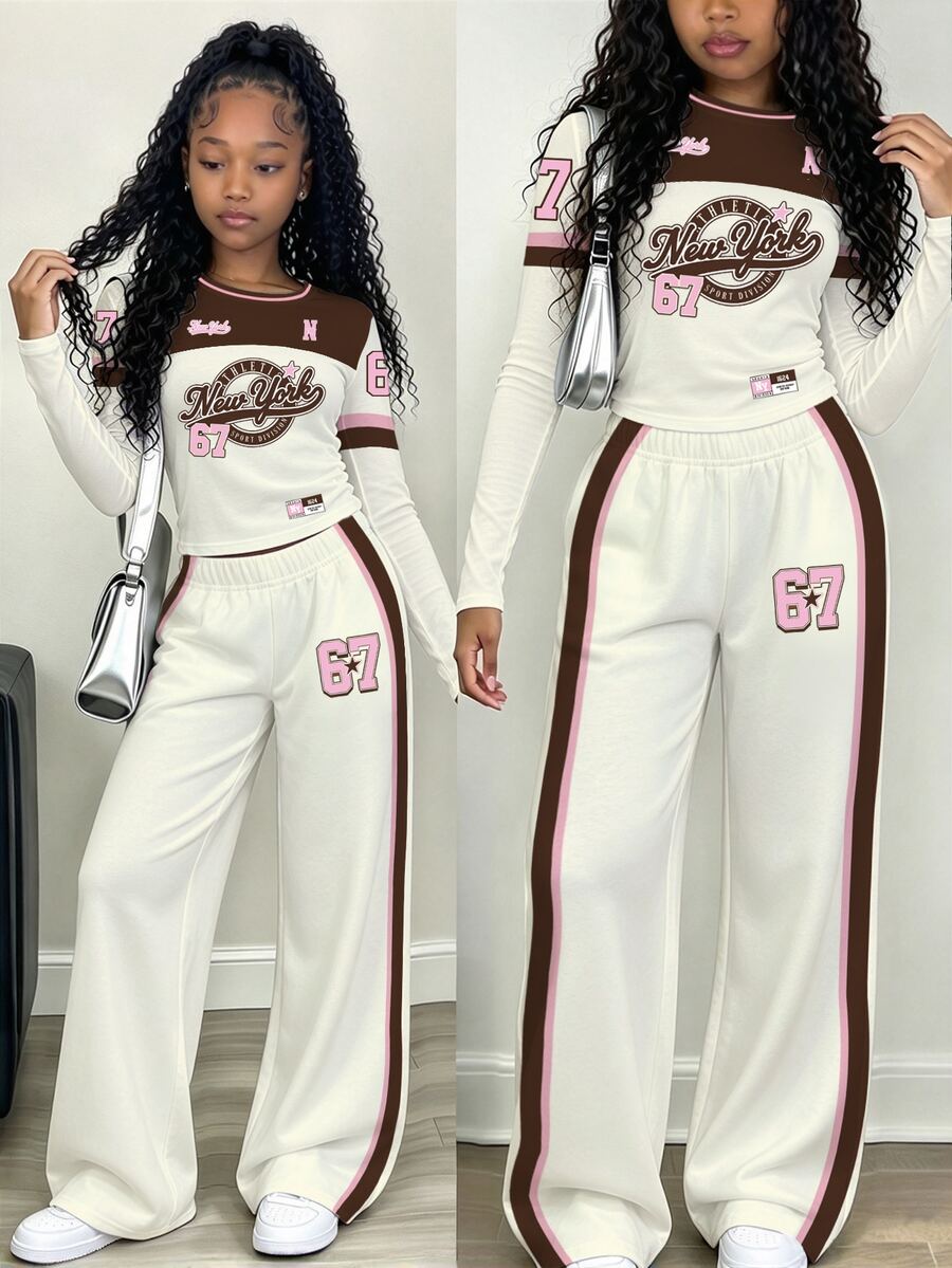 Tween Girls 2 Pcs New York 67 Star Color Block Ruched Waist Long Sleeve T-Shirt & Wide Leg Pants Set, White Top, Winter Outfits - Multicolor - View 1