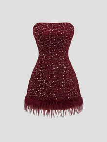 SHEIN Autumina Sexy Glitter Sequin Strapless Bodycon Mini Dress For Women - Burgundy - View 7