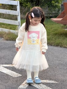 Dazy Kids Infant/Toddler (Girl) Round Neck Cartoon Print Long Sleeve Autumn/Winter Mesh Patchwork Dress - Apricot - View 6