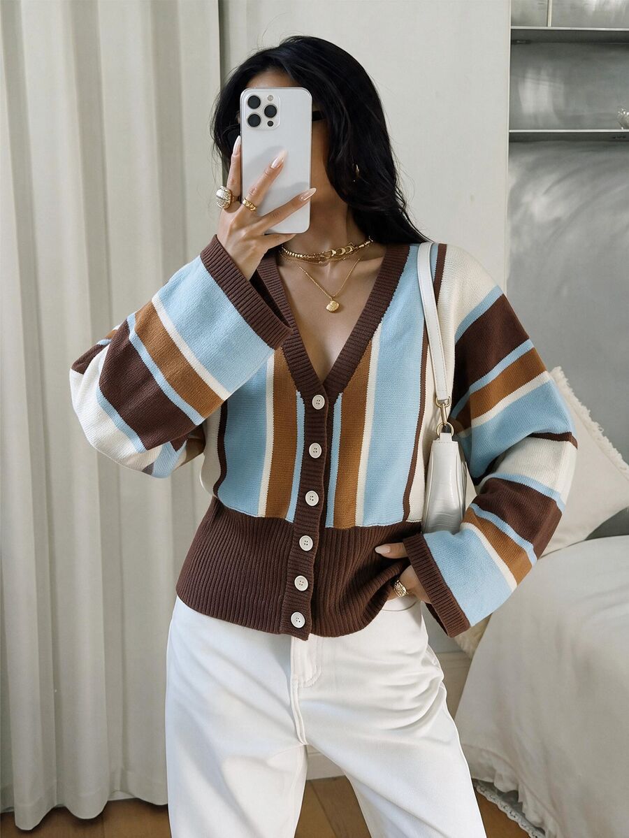 Siren Gaze Women's Minimalist Striped Cardigan, Suitable For Autumn/Winter - Multicolor - View 1