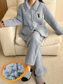 DAZY Women's Long Sleeve Top And Pants Casual Daily Home Sleepwear Set - Blue - View 4