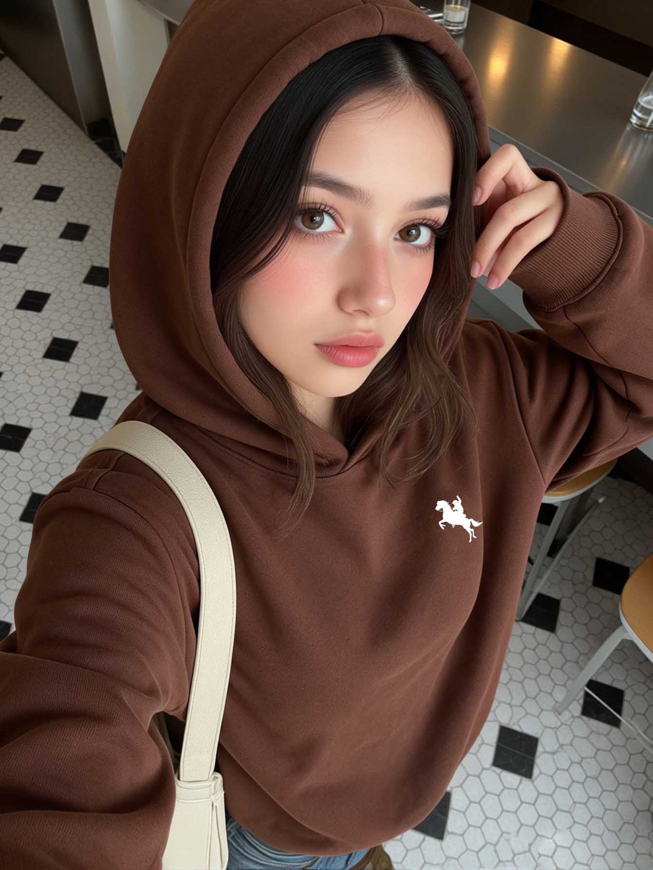 SHEIN Back To School Teen Girls Casual Horse Graphic Print Black Sweatshirt, Fashionable & Unique, Suitable For All Seasons, Fall Clothes Winter Y2k - Royal Blue - View 1