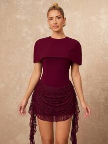 Lumalex Winter Fall Exquisite Lace Patchwork Fitted Waist Bodycon Mini Dress With Shawl Going Out Vacation Outfits Cruise Outfit For Women - Burgundy - View 2