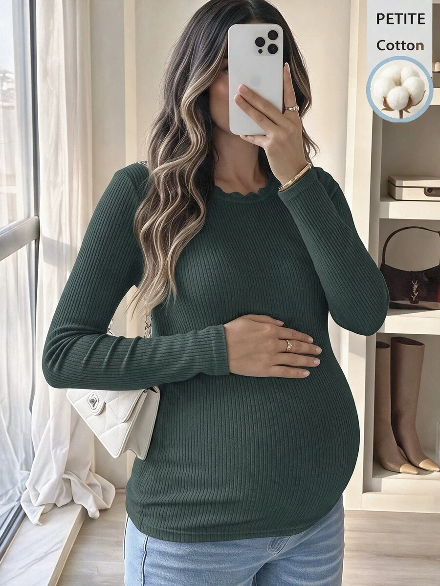 SHEIN 孕婦純色休閒百搭日常穿著長袖T恤秋季 - 墨綠色 - 查看 1