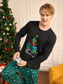 Notgurli Christmas Men's Printed Long Sleeve Loungewear Top - Black - View 1
