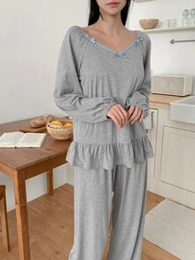 DAZY 2pcs/Set Women's Lace Patchwork V-Neck Long Sleeve Frill Trim Solid Color Straight Leg Long Pajama Set - Grey - View 3