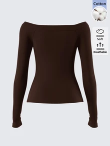 SHEIN BASICS 女款純色露肩修身百搭日常長袖T恤 海軍藍 - 咖啡棕 - 查看 2