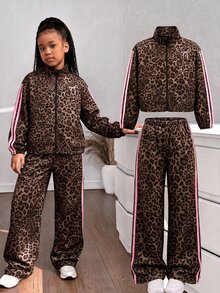 SHEIN 青少年女孩海軍藍童裝外套＋長褲兩件套 秋冬開學穿搭長袖上衣 - 咖啡棕 - 查看 9