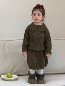 Dazy Kids Infant/Toddler (Girl) Round Neck Long Sleeve Autumn/Winter 3D Korean Style Sweater & Skirt Set, Versatile Outfit - Dark Green - View 5