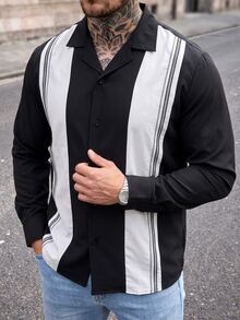 Manfinity CasualCool Men's Colorblock Casual Versatile Daily Wear Long Sleeve Shirt - Black and White - View 3