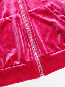SHEIN 兒童青少年女孩秋冬休閒街頭風 絲絨水鑽背後袋帽顯瘦喇叭褲 2件套運動衫與長褲套裝，H - 玫紅色 - 查看 9
