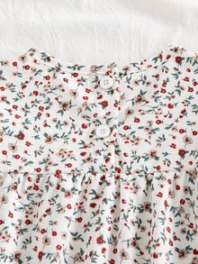 SHEIN Vintaside Kids 2件組幼兒女嬰上衣牛仔褲套裝，可愛白色藍色花卉丹寧長袖圓領寬鬆版型蝴蝶結荷葉邊刺繡公主風套裝 - 卡其色 - 查看 6