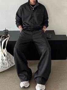 DAZY 男士純色深灰色厚款套頭運動衫套裝，秋冬季四分之一拉鍊男款 - 黑色 - 查看 3