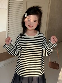 Dazy Kids Young Girl Striped Colorblock Versatile Korean Style T-Shirt - Beige - View 7