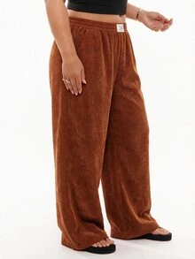 Solavibe Plus Size Women Corduroy High Waist Wide Leg Trousers With Pockets & Patch Design, Suitable For School, Daily Life & Indoor Work, Autumn/Winter - Coffee Brown - View 1